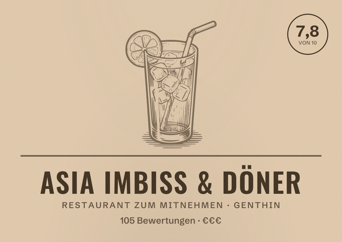 Illustriertes Poster von Asia Imbiss & Döner, Restaurant zum Mitnehmen in Genthin: Bewertung 7,8 von 10 aus 105 Bewertungen, Preisniveau €€€