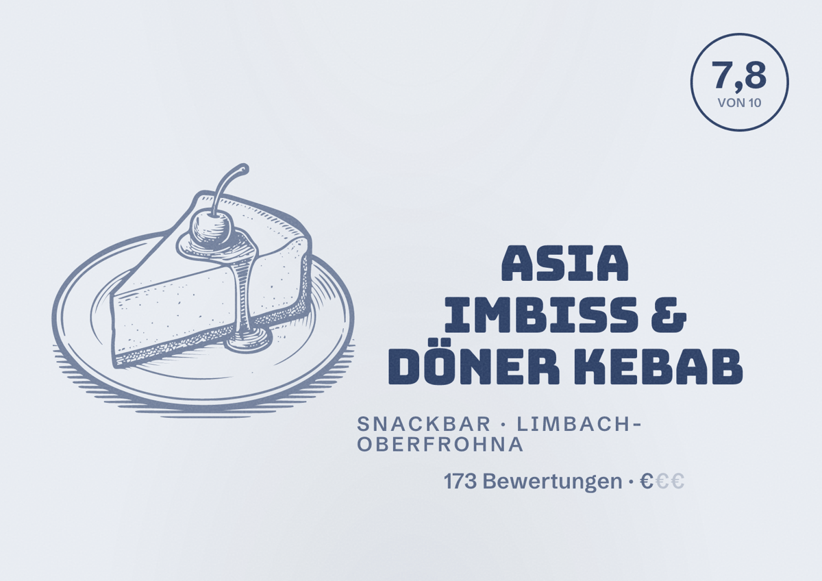 Illustriertes Poster von Asia Imbiss & Döner Kebab, Snackbar in Limbach-Oberfrohna: Bewertung 7,8 von 10 aus 173 Bewertungen, Preisniveau €