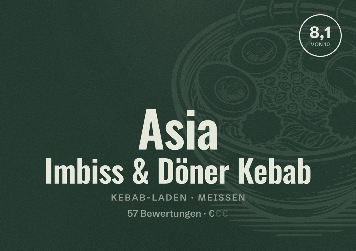 Illustriertes Poster von Asia Imbiss & Döner Kebab, Kebab-Laden in Meißen: Bewertung 8,1 von 10 aus 57 Bewertungen, Preisniveau €