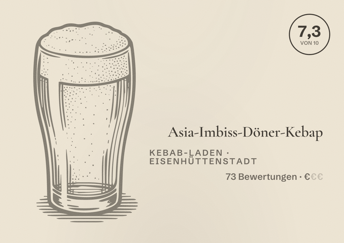 Illustriertes Poster von Asia-Imbiss-Döner-Kebap, Kebab-Laden in Eisenhüttenstadt: Bewertung 7,3 von 10 aus 73 Bewertungen, Preisniveau €