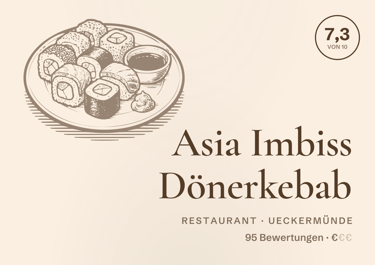 Illustriertes Poster von Asia Imbiss Dönerkebab, Restaurant in Ueckermünde: Bewertung 7,3 von 10 aus 95 Bewertungen, Preisniveau €