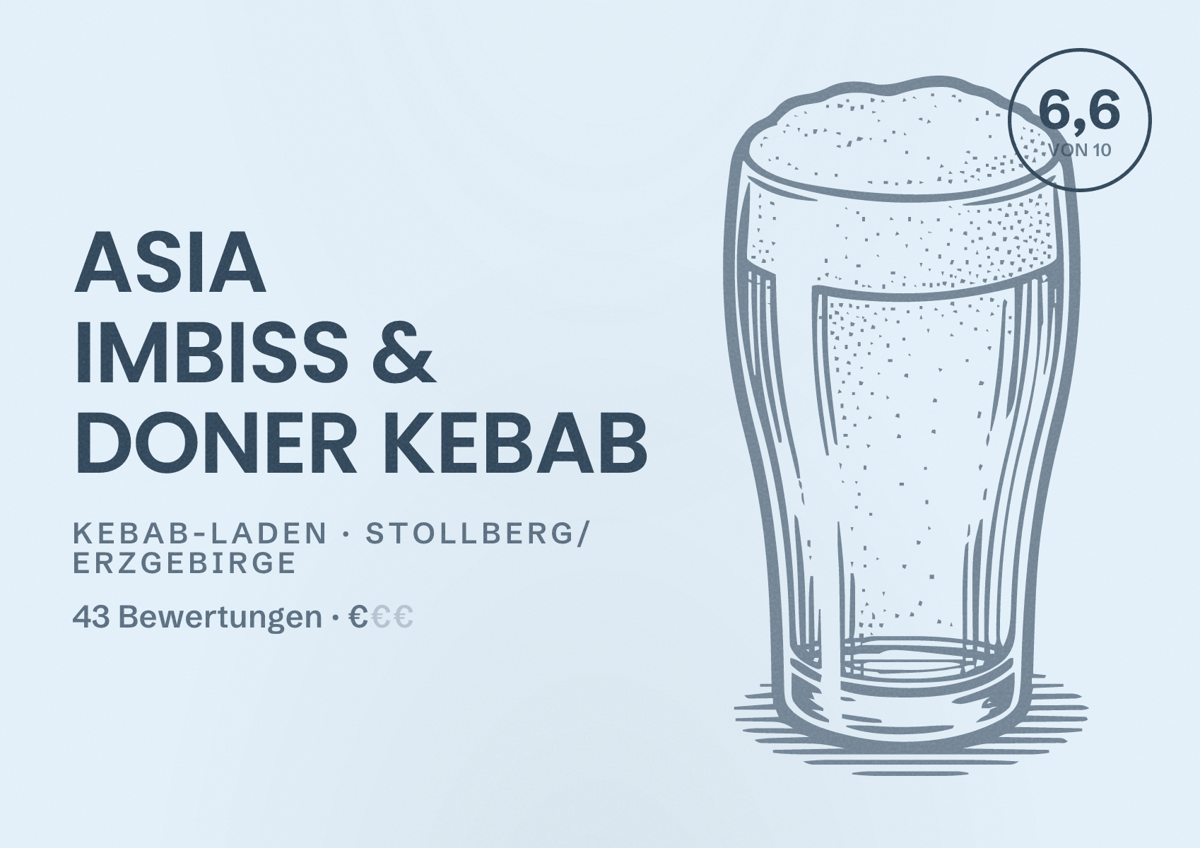 Illustriertes Poster von ASIA IMBISS & DONER KEBAB, Kebab-Laden in Stollberg/Erzgebirge: Bewertung 6,6 von 10 aus 43 Bewertungen, Preisniveau €