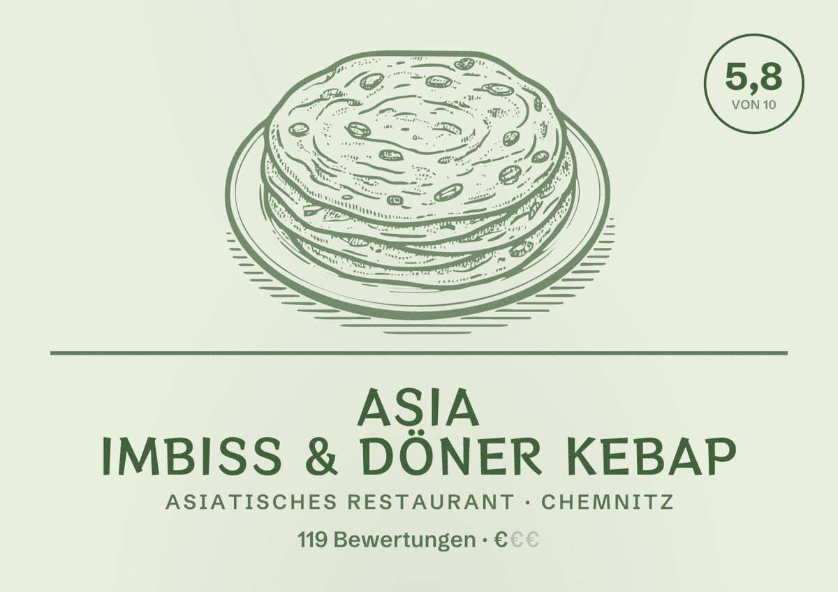 Illustriertes Poster von Asia Imbiss & Döner Kebap, Asiatisches Restaurant in Chemnitz: Bewertung 5,8 von 10 aus 119 Bewertungen, Preisniveau €