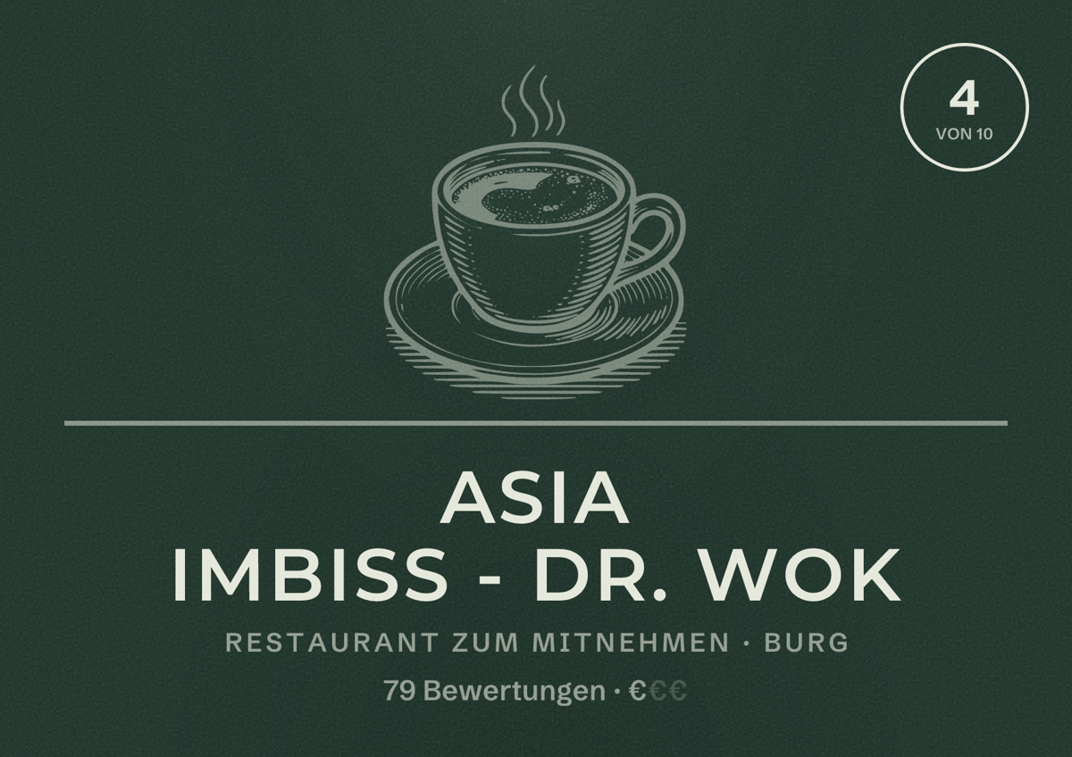 Illustriertes Poster von Asia Imbiss - Dr. Wok, Restaurant zum Mitnehmen in Burg: Bewertung 4 von 10 aus 79 Bewertungen, Preisniveau €