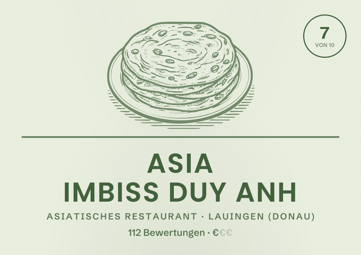 Illustriertes Poster von Asia Imbiss DUY ANH, Asiatisches Restaurant in Lauingen (Donau): Bewertung 7 von 10 aus 112 Bewertungen, Preisniveau €