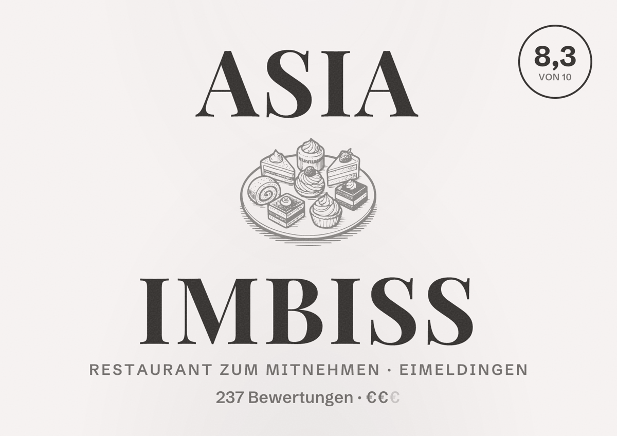 Illustriertes Poster von Asia Imbiss, Restaurant zum Mitnehmen in Eimeldingen: Bewertung 8,3 von 10 aus 237 Bewertungen, Preisniveau €€