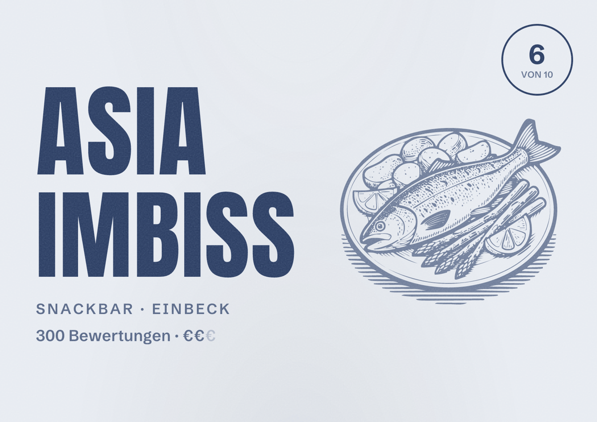 Illustriertes Poster von Asia Imbiss, Snackbar in Einbeck: Bewertung 6 von 10 aus 300 Bewertungen, Preisniveau €€