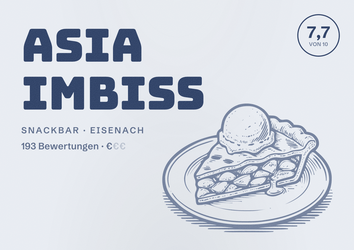 Illustriertes Poster von Asia Imbiss, Snackbar in Eisenach: Bewertung 7,7 von 10 aus 193 Bewertungen, Preisniveau €