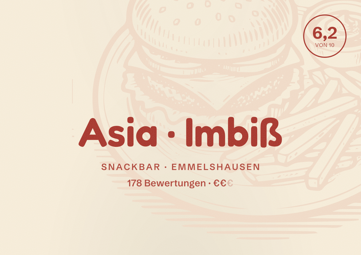 Illustriertes Poster von Asia Imbiß, Snackbar in Emmelshausen: Bewertung 6,2 von 10 aus 178 Bewertungen, Preisniveau €€