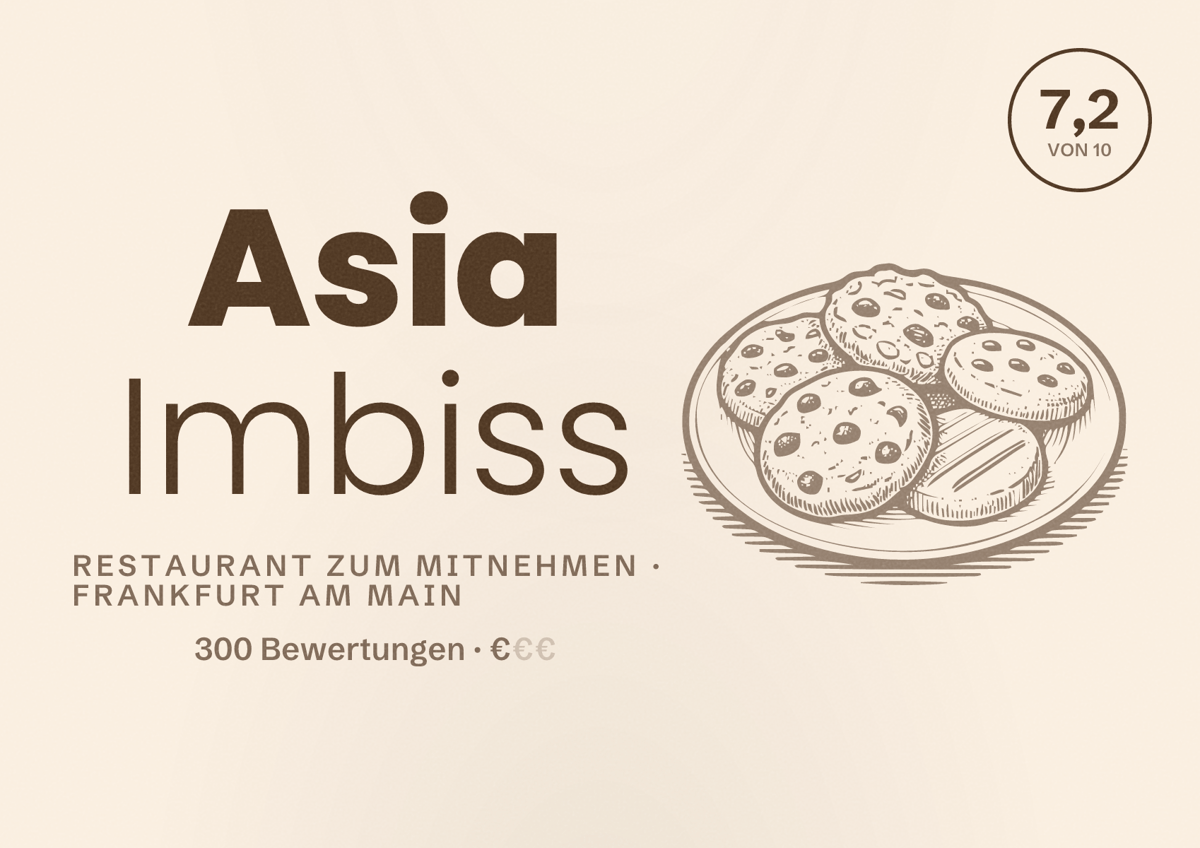 Illustriertes Poster von Asia Imbiss, Restaurant zum Mitnehmen in Frankfurt am Main: Bewertung 7,2 von 10 aus 300 Bewertungen, Preisniveau €