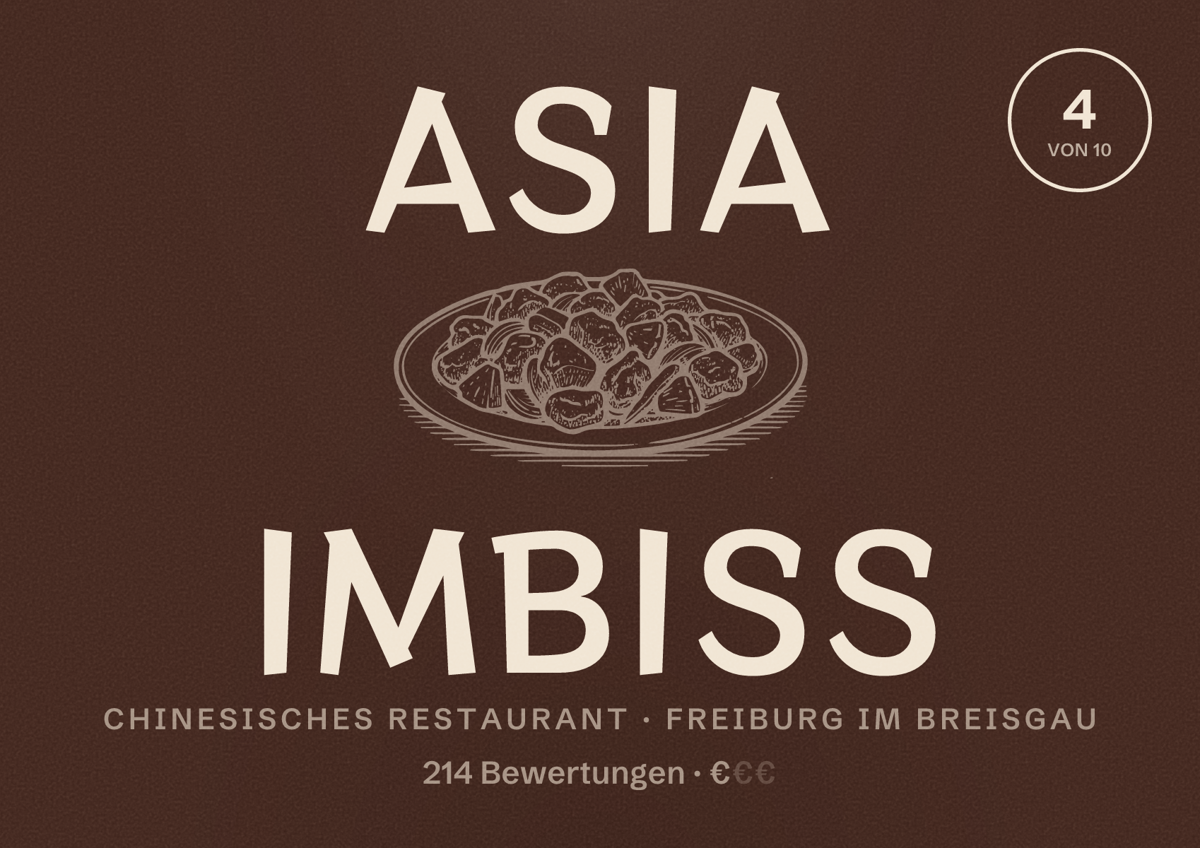 Illustriertes Poster von Asia Imbiß, Chinesisches Restaurant in Freiburg im Breisgau: Bewertung 4,0 von 10 aus 214 Bewertungen, Preisniveau €