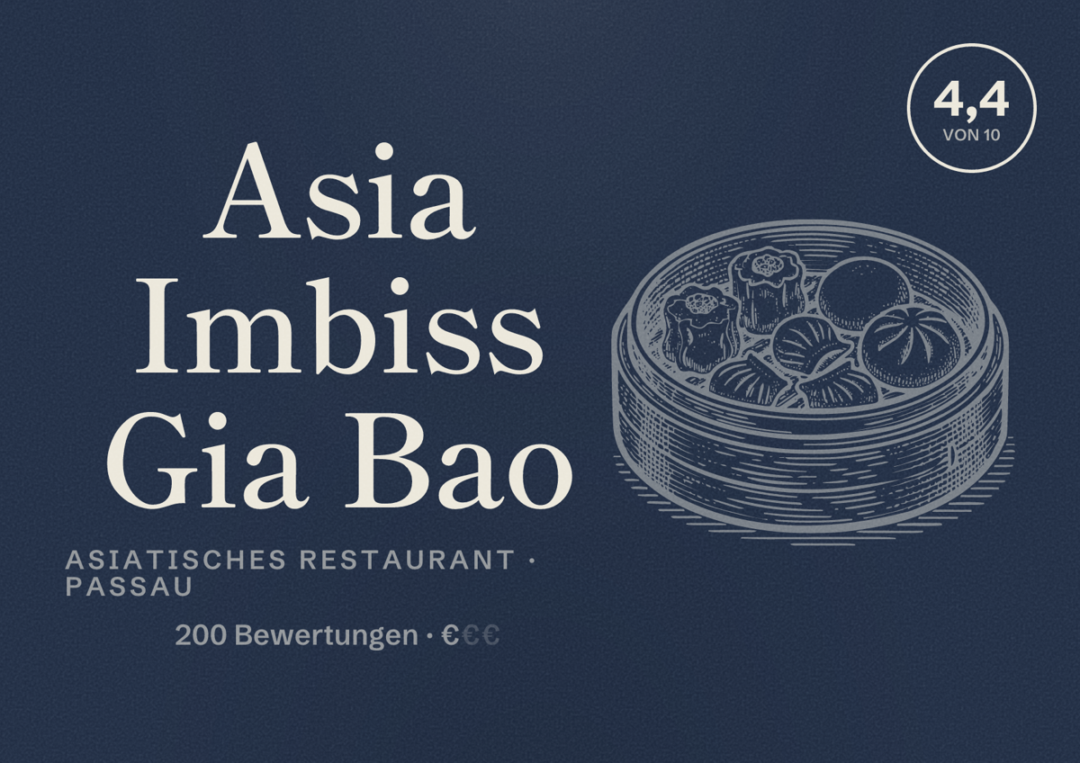 Illustriertes Poster von Asia Imbiss Gia Bao, Asiatisches Restaurant in Passau: Bewertung 4,4 von 10 aus 200 Bewertungen, Preisniveau €