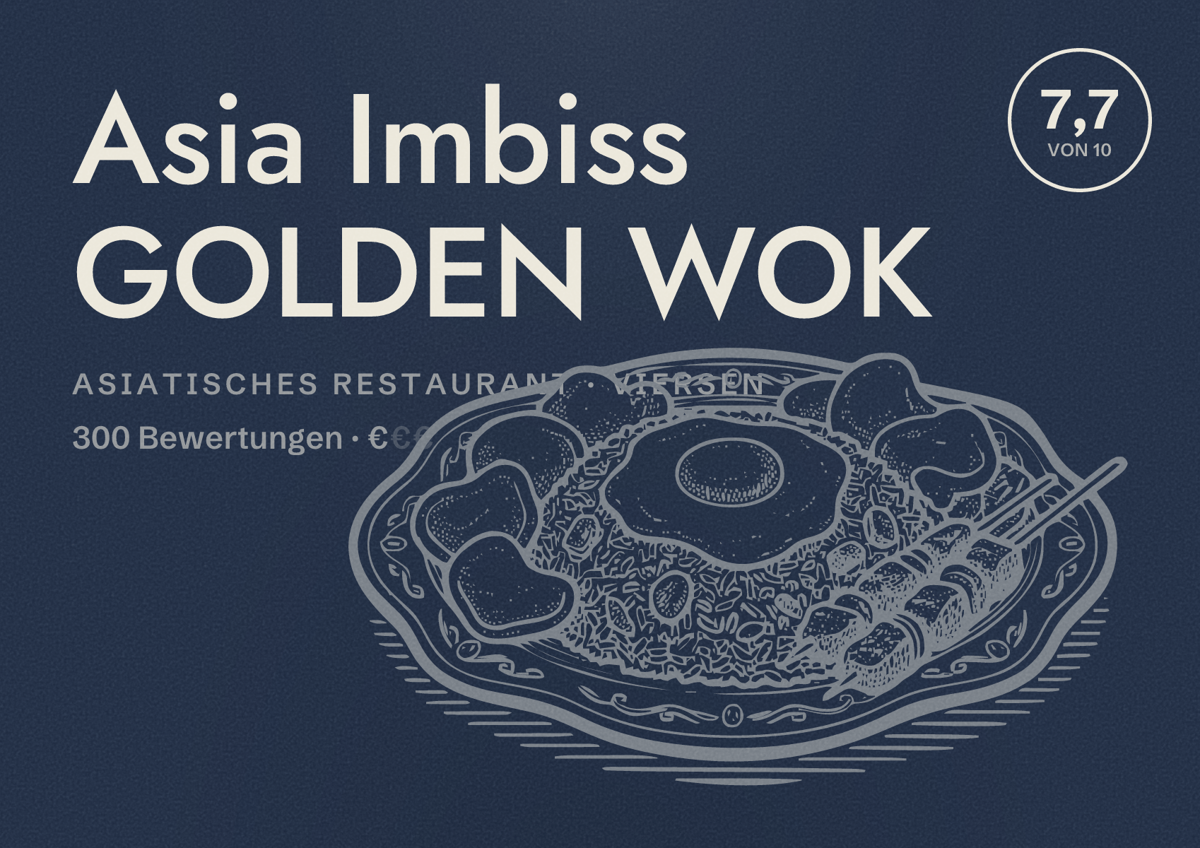 Illustriertes Poster von Asia Imbiss GOLDEN WOK, Asiatisches Restaurant in Viersen: Bewertung 7,7 von 10 aus 300 Bewertungen, Preisniveau €