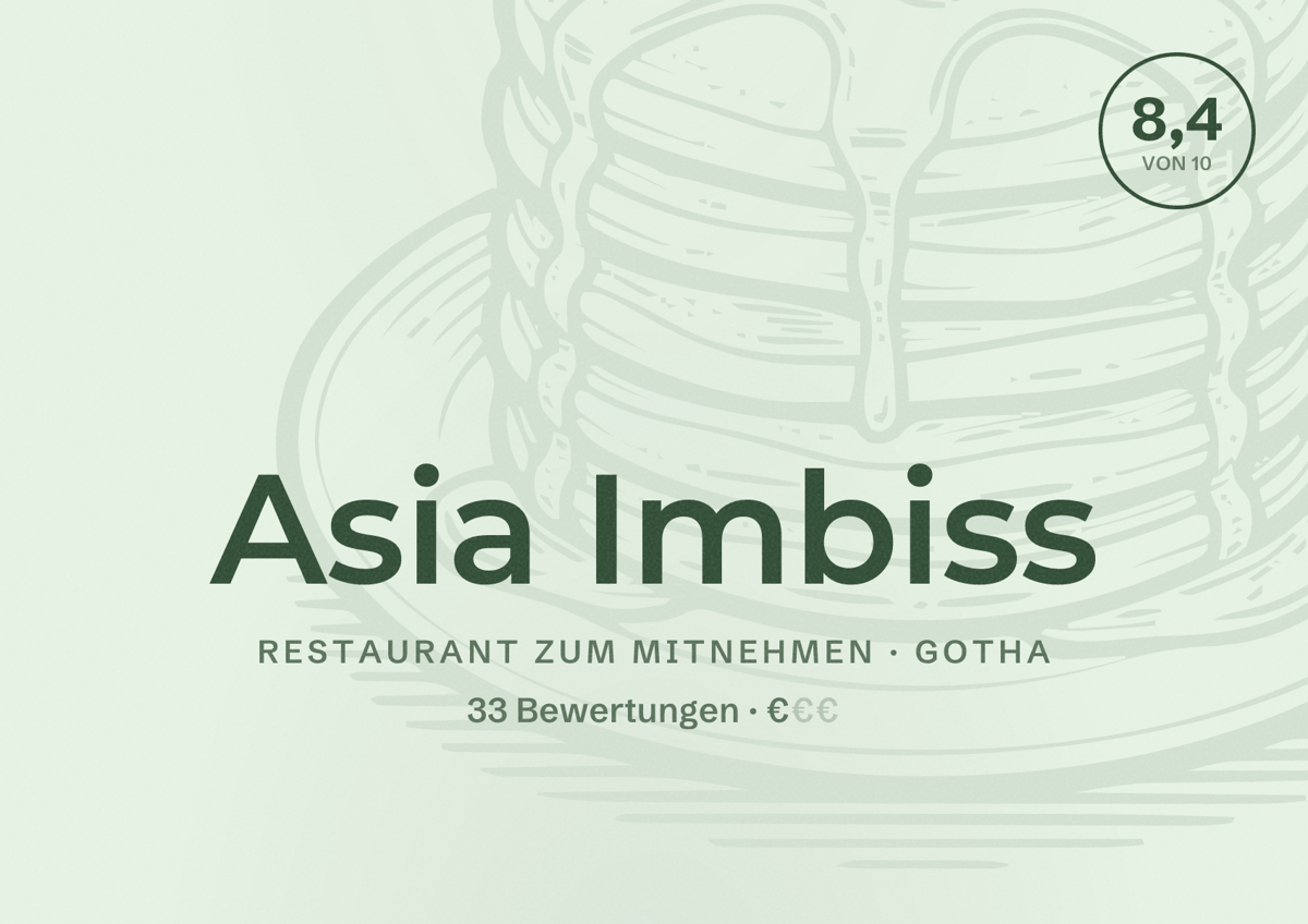 Illustriertes Poster von Asia Imbiss, Restaurant zum Mitnehmen in Gotha: Bewertung 8,4 von 10 aus 33 Bewertungen, Preisniveau €