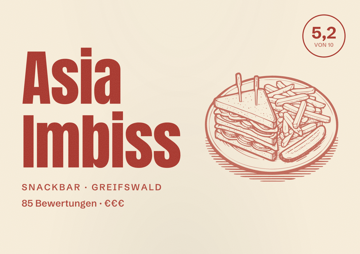 Illustriertes Poster von Asia Imbiss, Snackbar in Greifswald: Bewertung 5,2 von 10 aus 85 Bewertungen, Preisniveau €€€