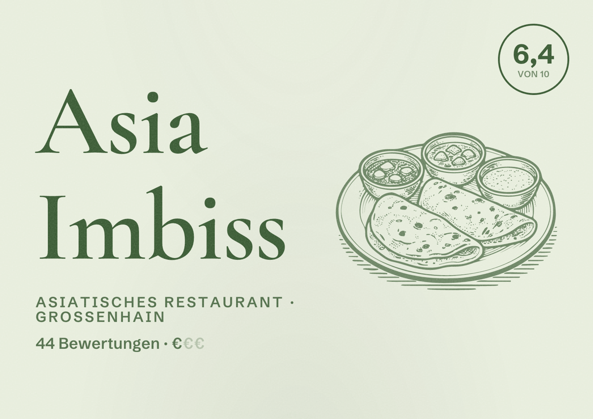 Illustriertes Poster von Asia Imbiss, Asiatisches Restaurant in Großenhain: Bewertung 6,4 von 10 aus 44 Bewertungen, Preisniveau €
