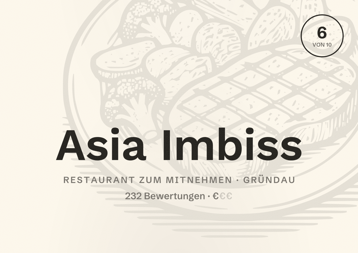 Illustriertes Poster von Asia Imbiss, Restaurant zum Mitnehmen in Gründau: Bewertung 6 von 10 aus 232 Bewertungen, Preisniveau €