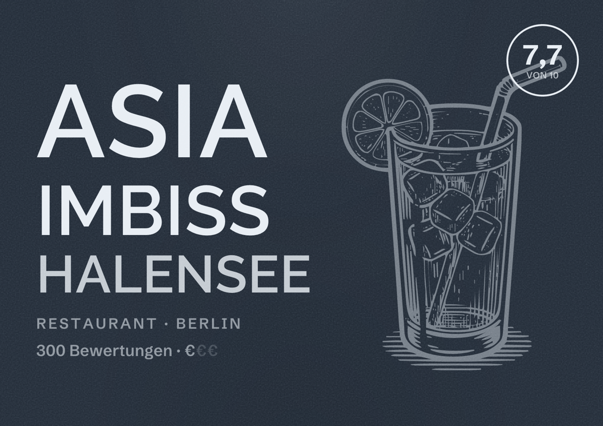 Illustriertes Poster von Asia Imbiss Halensee, Restaurant in Berlin: Bewertung 7,7 von 10 aus 300 Bewertungen, Preisniveau €