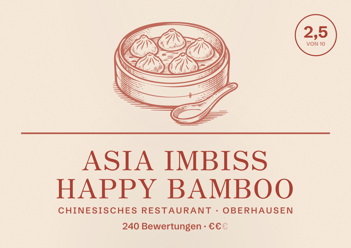 Illustriertes Poster von Asia Imbiss Happy Bamboo, Chinesisches Restaurant in Oberhausen: Bewertung 2,5 von 10 aus 240 Bewertungen, Preisniveau €€