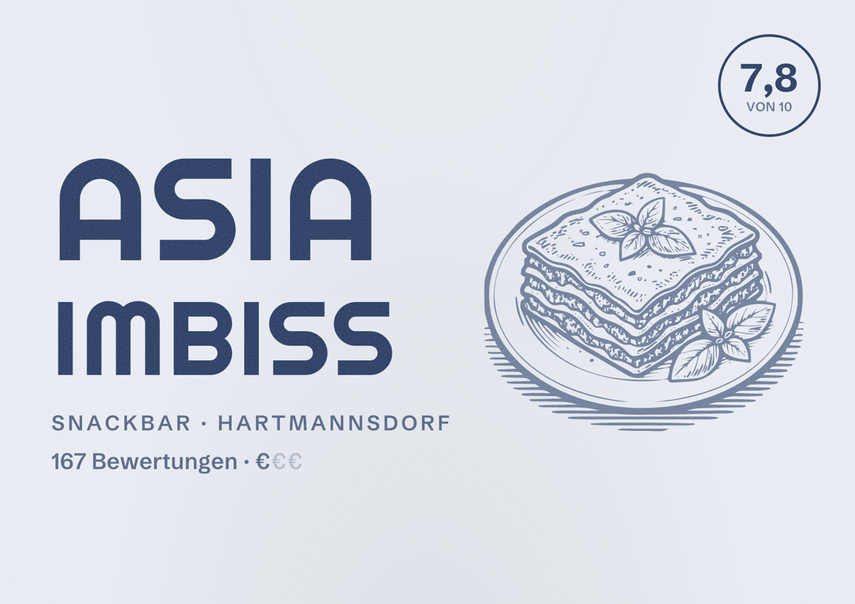 Illustriertes Poster von Asia Imbiss, Snackbar in Hartmannsdorf: Bewertung 7,8 von 10 aus 167 Bewertungen, Preisniveau €