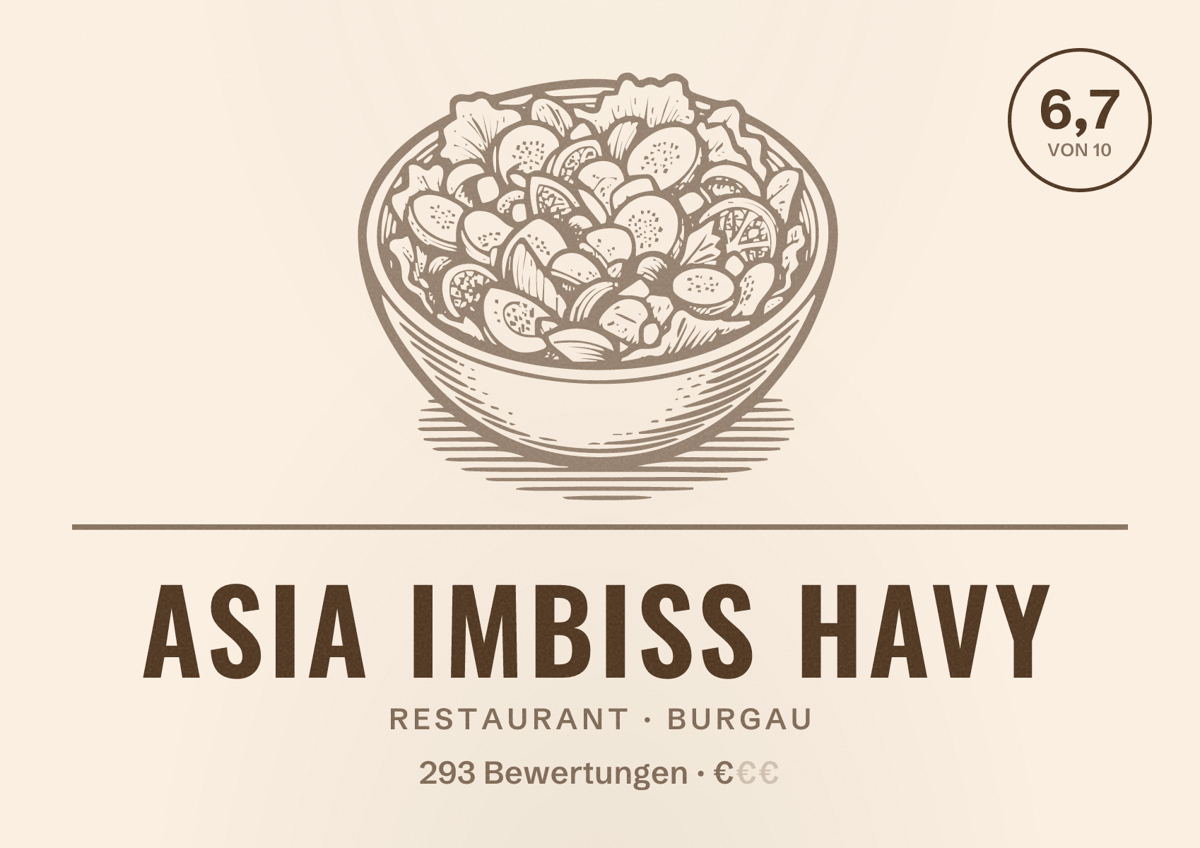Illustriertes Poster von Asia Imbiss Havy, Restaurant in Burgau: Bewertung 6,7 von 10 aus 293 Bewertungen, Preisniveau €