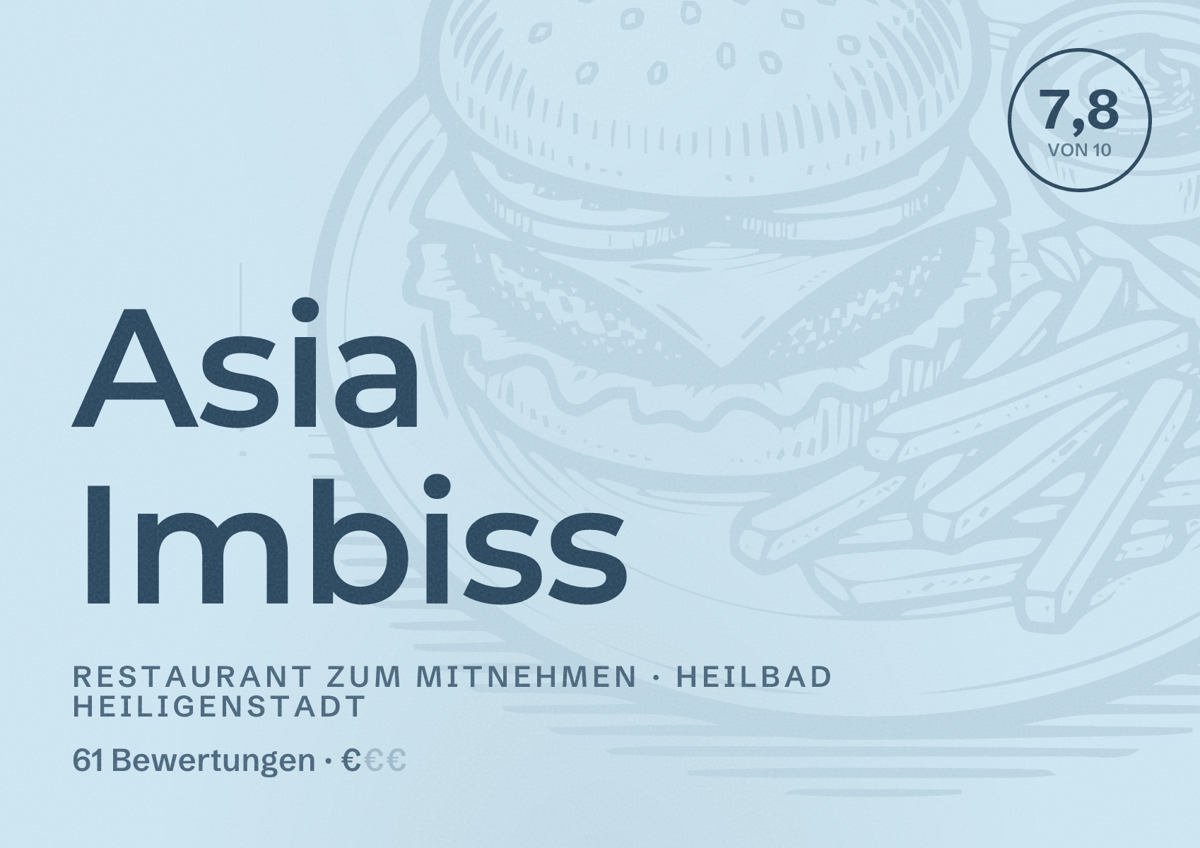 Illustriertes Poster von Asia Imbiss, Restaurant zum Mitnehmen in Heilbad Heiligenstadt: Bewertung 7,8 von 10 aus 61 Bewertungen, Preisniveau €