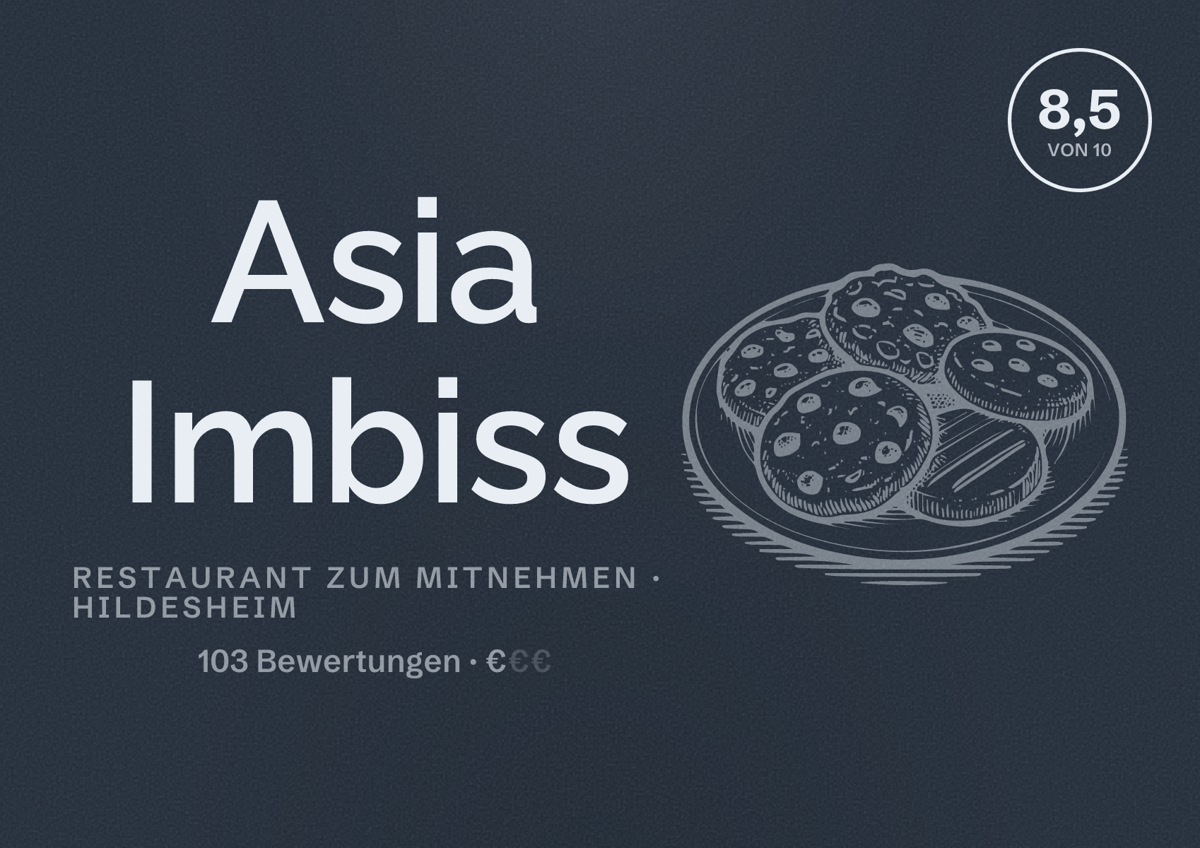 Illustriertes Poster von Asia Imbiss, Restaurant zum Mitnehmen in Hildesheim: Bewertung 8,5 von 10 aus 103 Bewertungen, Preisniveau €