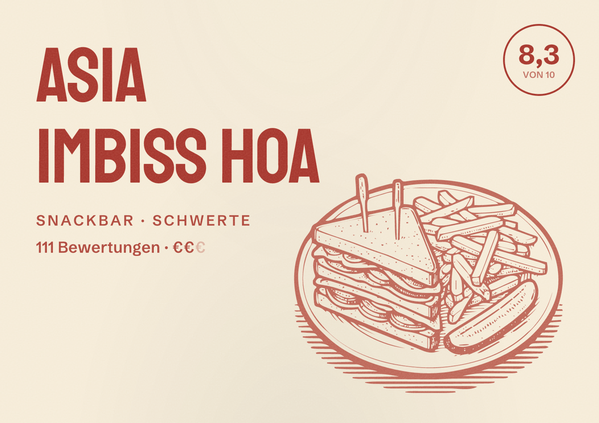 Illustriertes Poster von Asia Imbiss Hoa, Snackbar in Schwerte: Bewertung 8,3 von 10 aus 111 Bewertungen, Preisniveau €€