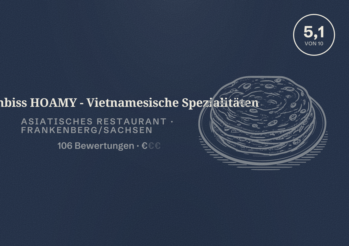 Illustriertes Poster von Asia Imbiss HOAMY - Vietnamesische Spezialitäten, Asiatisches Restaurant in Frankenberg/Sachsen: Bewertung 5,1 von 10 aus 106 Bewertungen, Preisniveau €