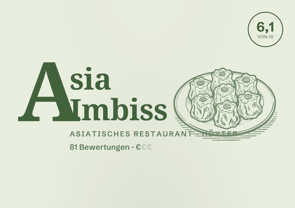 Illustriertes Poster von Asia Imbiss, Asiatisches Restaurant in Höxter: Bewertung 6,1 von 10 aus 81 Bewertungen, Preisniveau €