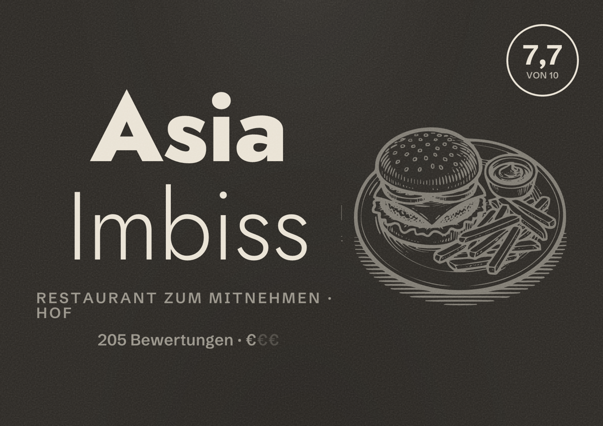 Illustriertes Poster von Asia Imbiss, Restaurant zum Mitnehmen in Hof: Bewertung 7,7 von 10 aus 205 Bewertungen, Preisniveau €