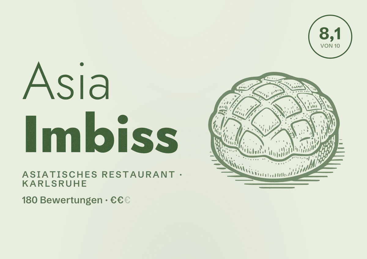 Illustriertes Poster von Asia Imbiss, Asiatisches Restaurant in Karlsruhe: Bewertung 8,1 von 10 aus 180 Bewertungen, Preisniveau €€