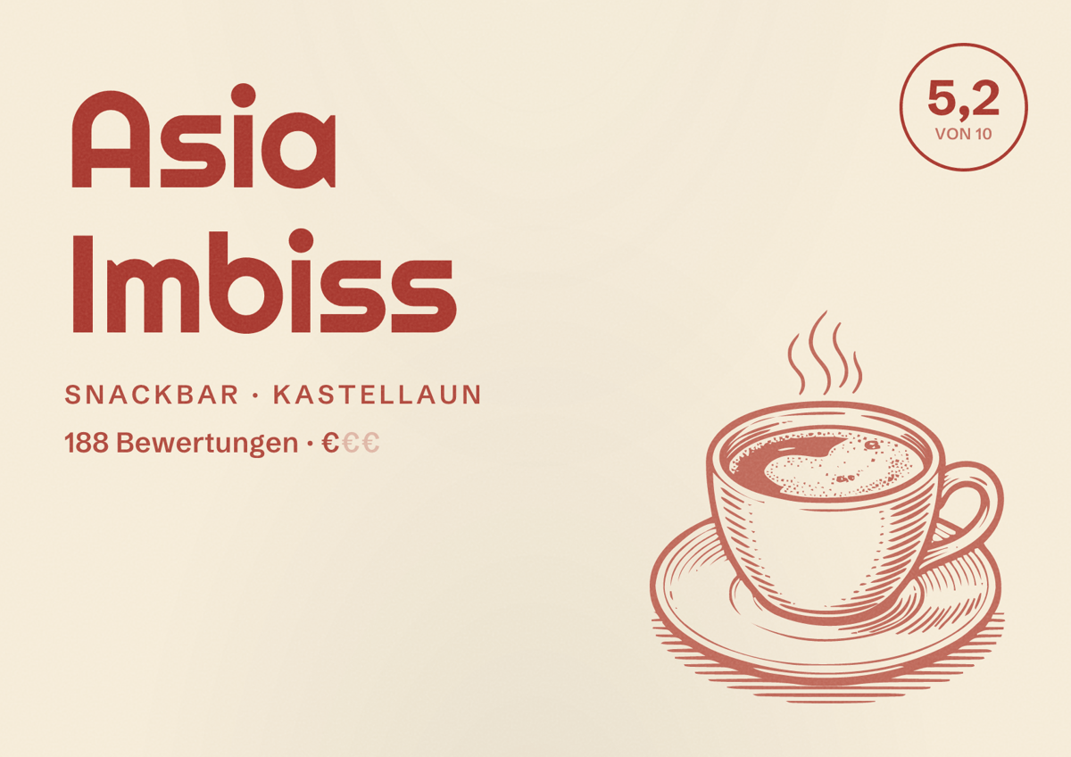 Illustriertes Poster von Asia Imbiss, Snackbar in Kastellaun: Bewertung 5,2 von 10 aus 188 Bewertungen, Preisniveau €