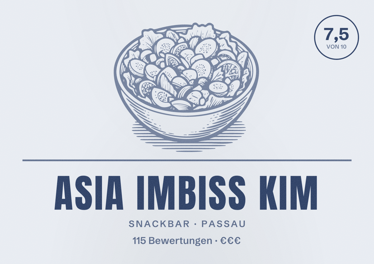 Illustriertes Poster von Asia Imbiss Kim, Snackbar in Passau: Bewertung 7,5 von 10 aus 115 Bewertungen, Preisniveau €€€