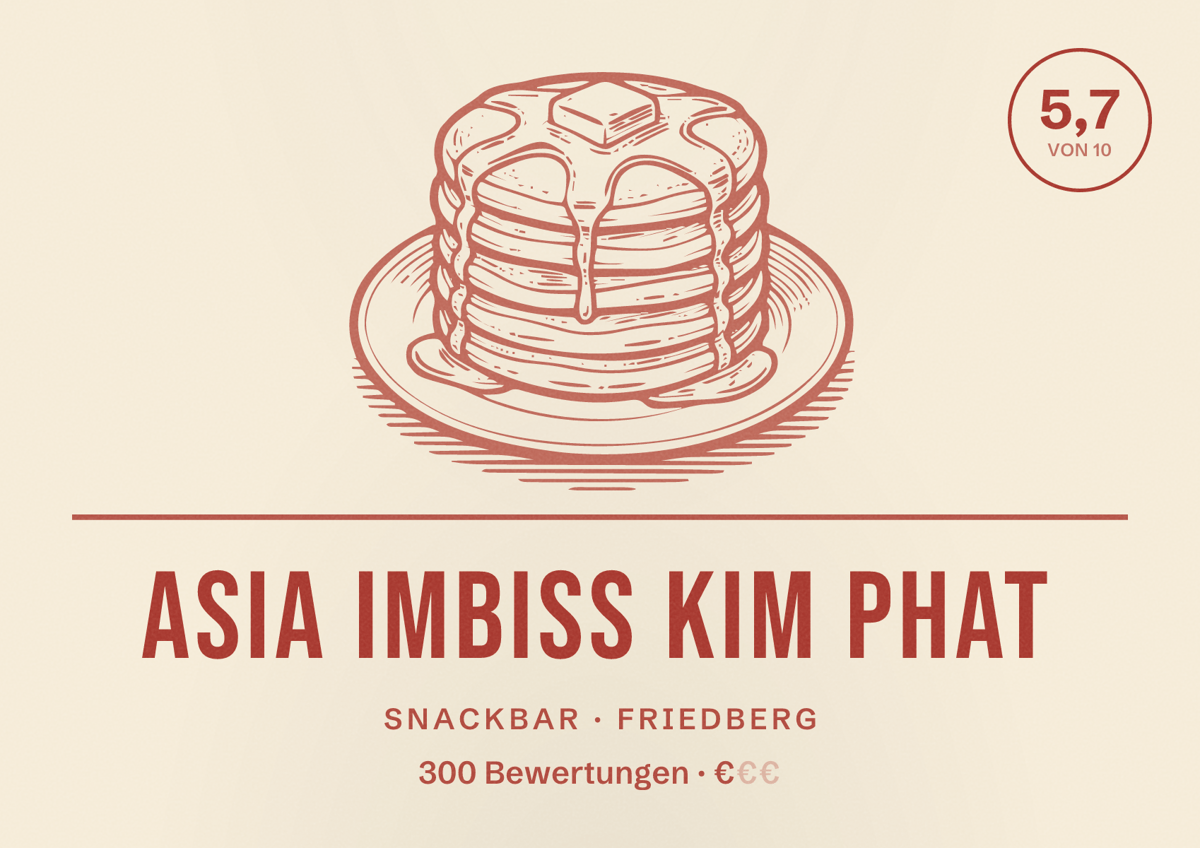 Illustriertes Poster von Asia Imbiss Kim Phat, Snackbar in Friedberg: Bewertung 5,7 von 10 aus 300 Bewertungen, Preisniveau €
