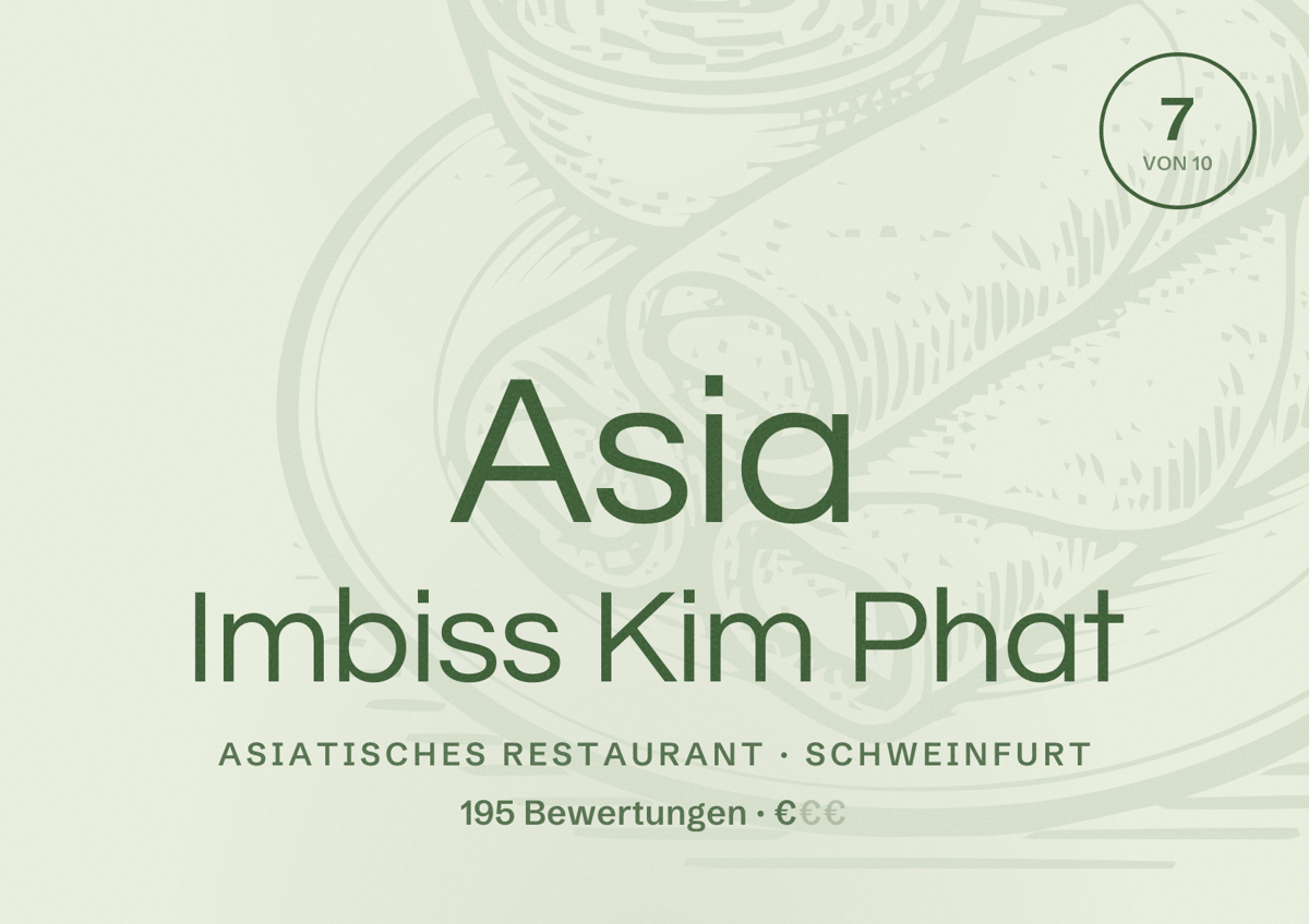 Illustriertes Poster von Asia Imbiss Kim Phat, Asiatisches Restaurant in Schweinfurt: Bewertung 7 von 10 aus 195 Bewertungen, Preisniveau €