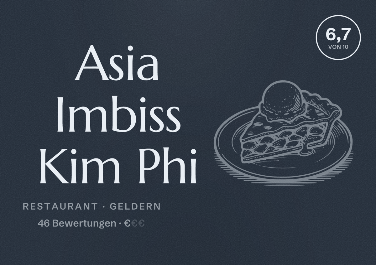 Illustriertes Poster von Asia Imbiss Kim Phi, Restaurant in Geldern: Bewertung 6,7 von 10 aus 46 Bewertungen, Preisniveau €