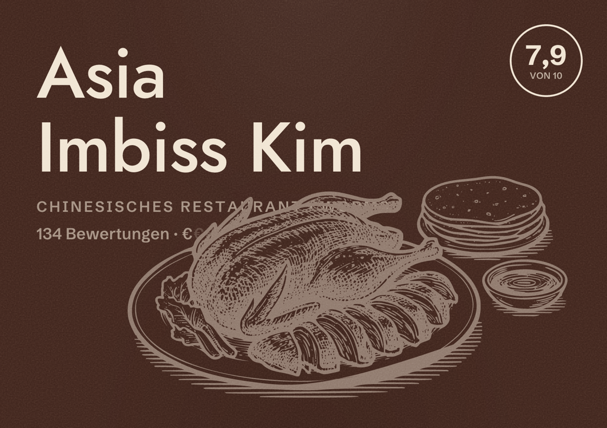 Illustriertes Poster von Asia Imbiss Kim, Chinesisches Restaurant in Worms: Bewertung 7,9 von 10 aus 134 Bewertungen, Preisniveau €