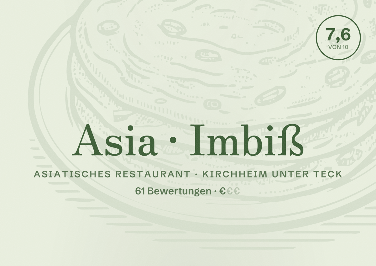 Illustriertes Poster von Asia Imbiß, Asiatisches Restaurant in Kirchheim unter Teck: Bewertung 7,6 von 10 aus 61 Bewertungen, Preisniveau €