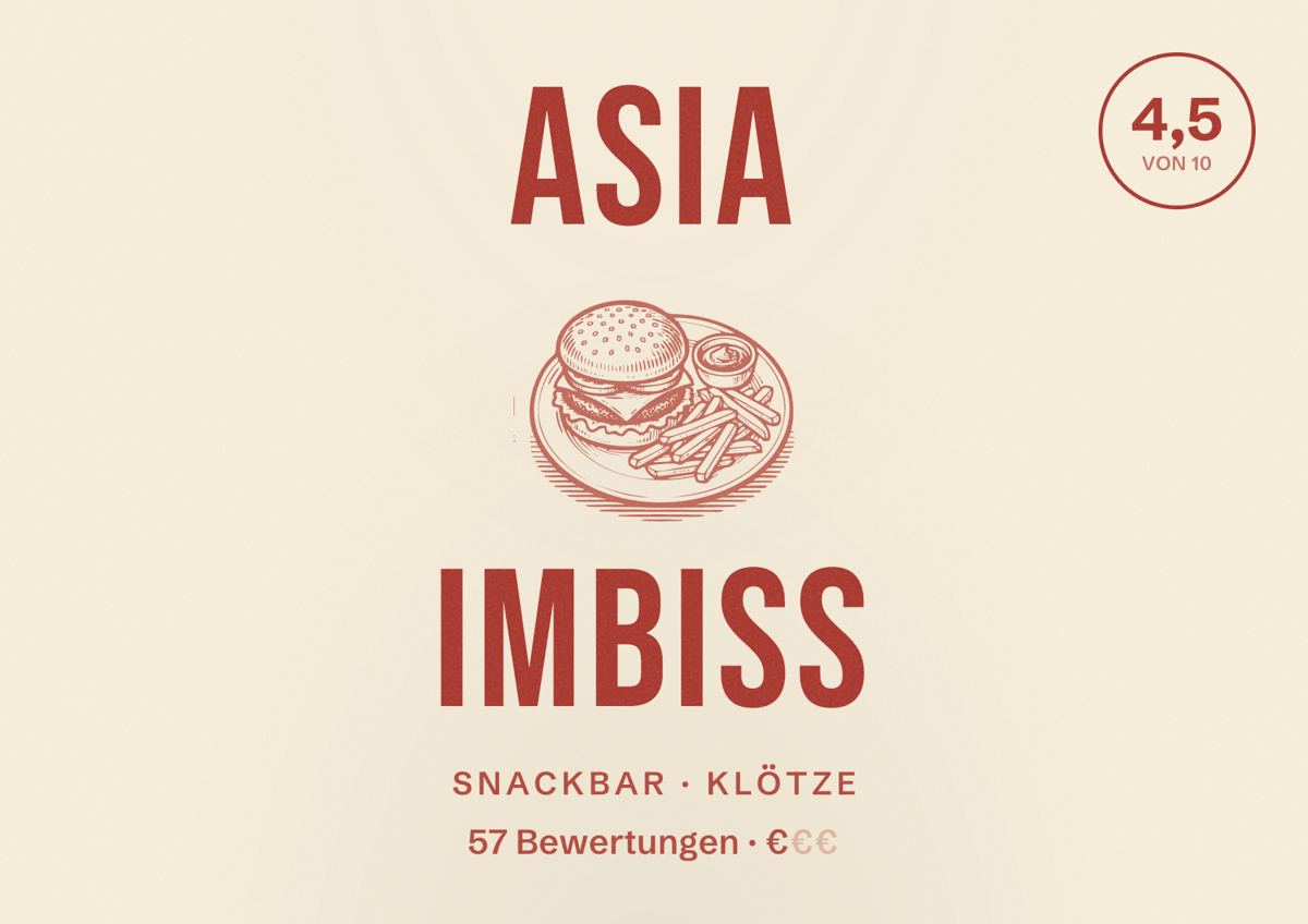 Illustriertes Poster von Asia Imbiss, Snackbar in Klötze: Bewertung 4,5 von 10 aus 57 Bewertungen, Preisniveau €