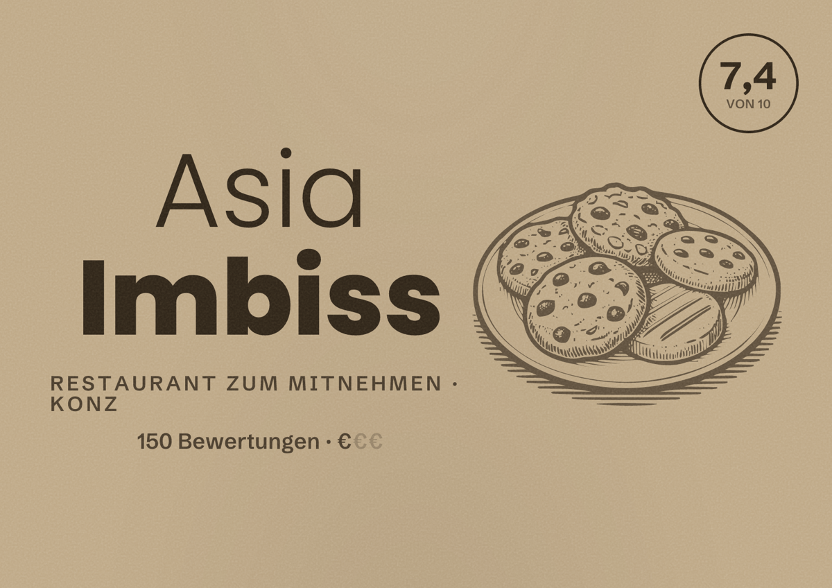 Illustriertes Poster von Asia Imbiss, Restaurant zum Mitnehmen in Konz: Bewertung 7,4 von 10 aus 150 Bewertungen, Preisniveau €