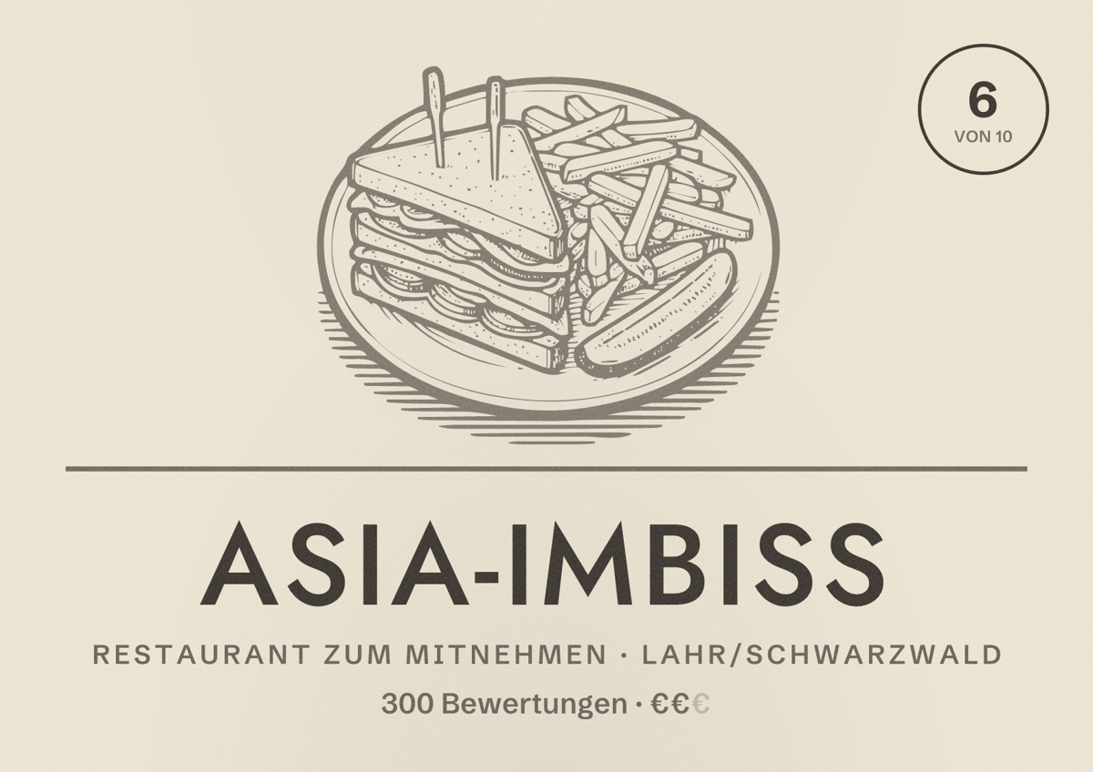 Illustriertes Poster von Asia-Imbiss, Restaurant zum Mitnehmen in Lahr/Schwarzwald: Bewertung 6 von 10 aus 300 Bewertungen, Preisniveau €€