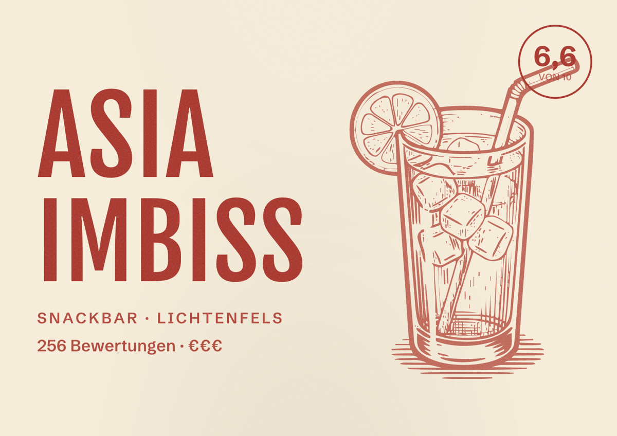 Illustriertes Poster von Asia Imbiss, Snackbar in Lichtenfels: Bewertung 6,6 von 10 aus 256 Bewertungen, Preisniveau €€€