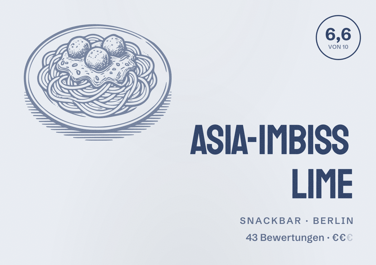 Illustriertes Poster von Asia-Imbiss Lime, Snackbar in Berlin: Bewertung 6,6 von 10 aus 43 Bewertungen, Preisniveau €€