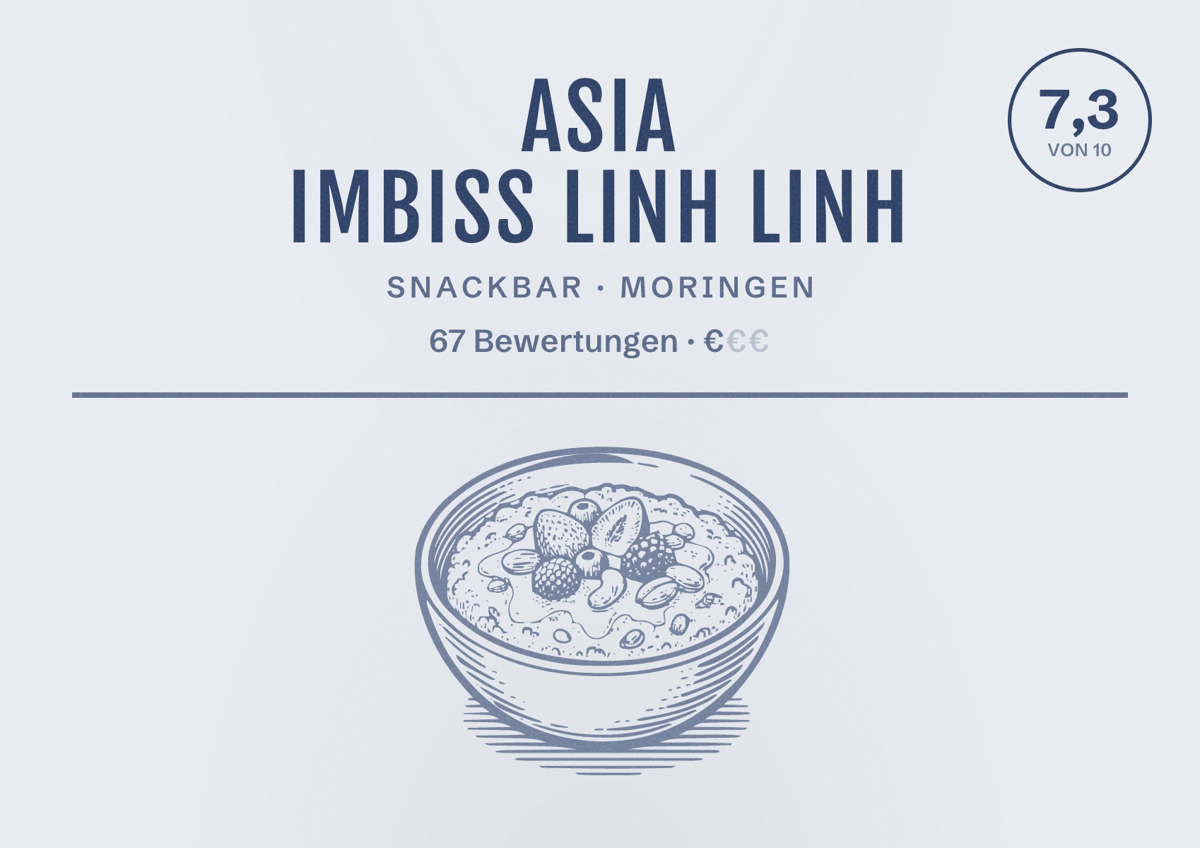Illustriertes Poster von Asia Imbiss Linh Linh, Snackbar in Moringen: Bewertung 7,3 von 10 aus 67 Bewertungen, Preisniveau €