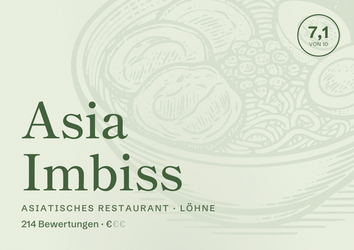Illustriertes Poster von Asia Imbiss, Asiatisches Restaurant in Löhne: Bewertung 7,1 von 10 aus 214 Bewertungen, Preisniveau €