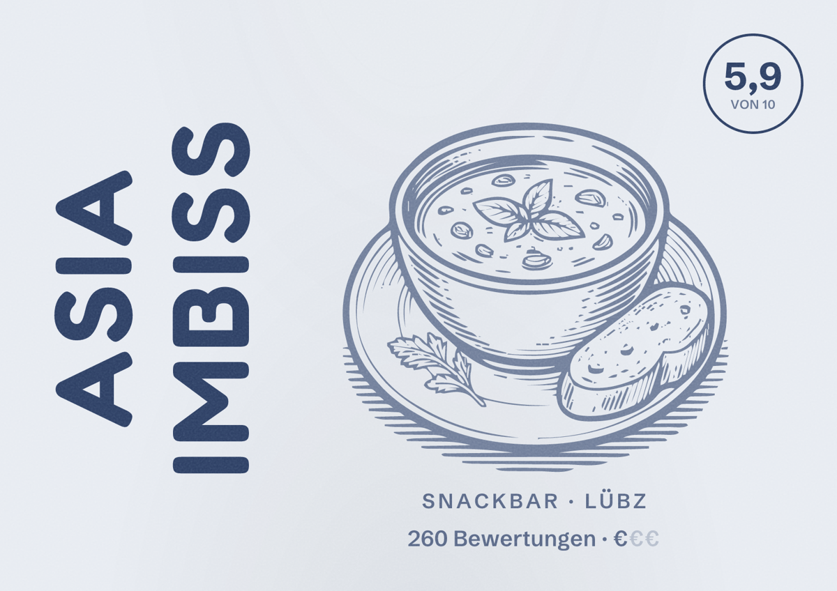 Illustriertes Poster von Asia Imbiss, Snackbar in Lübz: Bewertung 5,9 von 10 aus 260 Bewertungen, Preisniveau €