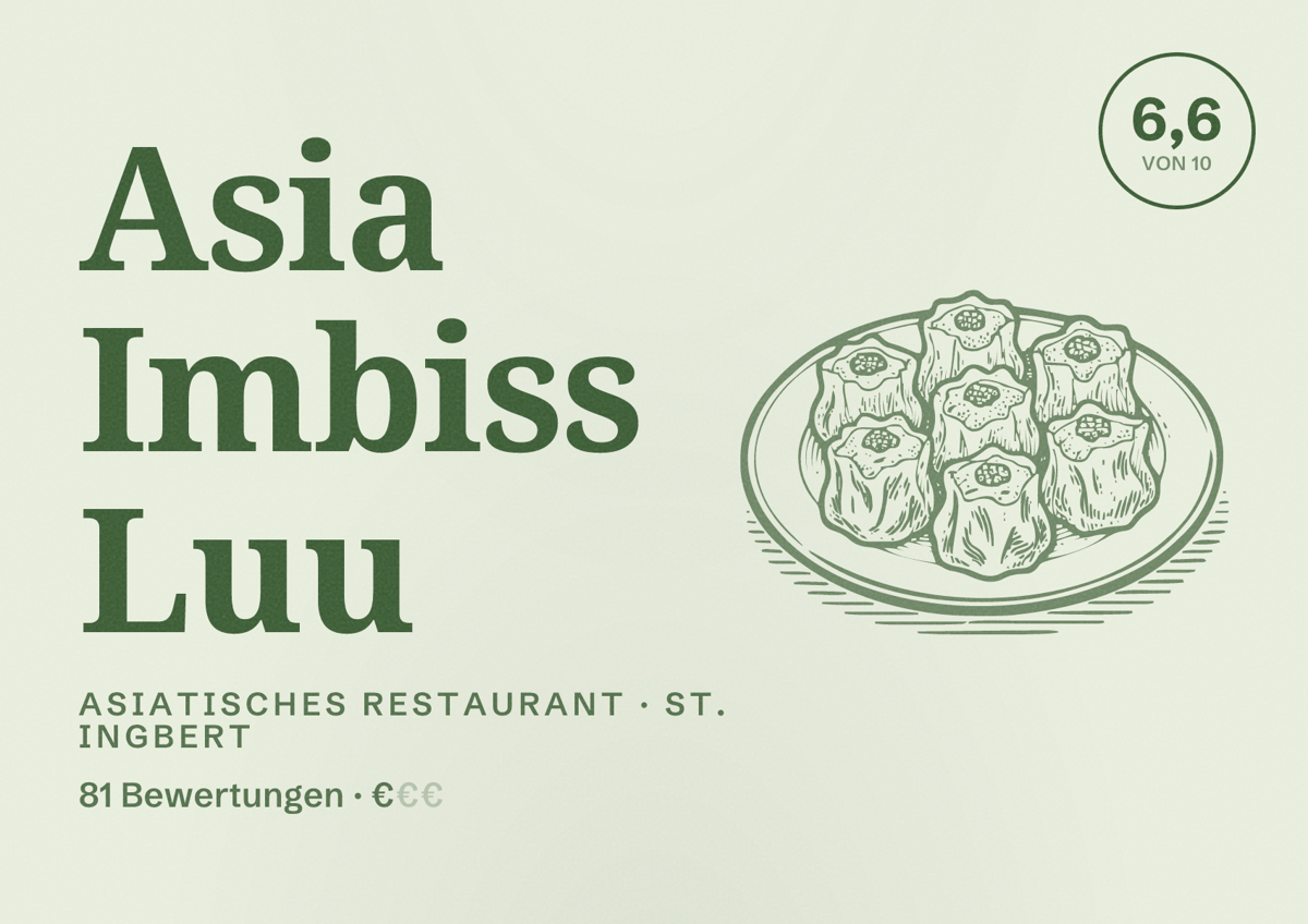 Illustriertes Poster von Asia Imbiss Luu, Asiatisches Restaurant in St. Ingbert: Bewertung 6,6 von 10 aus 81 Bewertungen, Preisniveau €