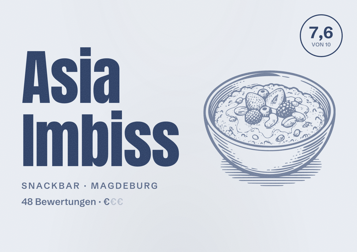 Illustriertes Poster von Asia Imbiss, Snackbar in Magdeburg: Bewertung 7,6 von 10 aus 48 Bewertungen, Preisniveau €