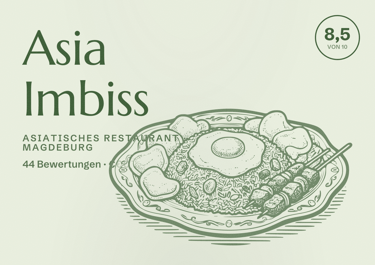 Illustriertes Poster von Asia Imbiss, Asiatisches Restaurant in Magdeburg: Bewertung 8,5 von 10 aus 44 Bewertungen, Preisniveau €